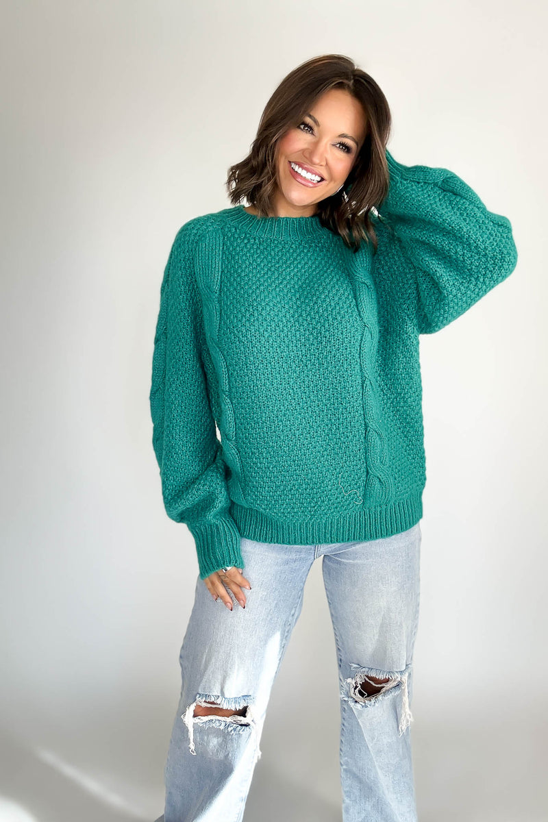 Teal Wool Blend Cable Knit Pullover