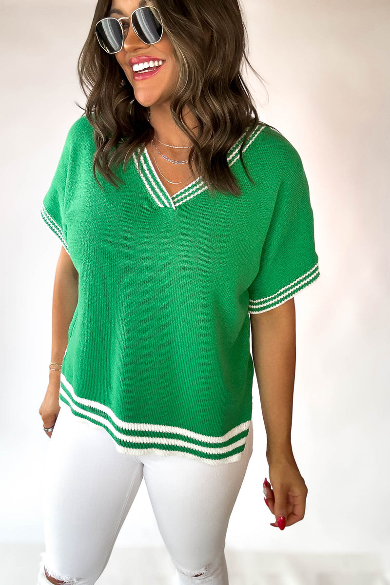 Kelly Green Solid Knit Striped Sweater Top