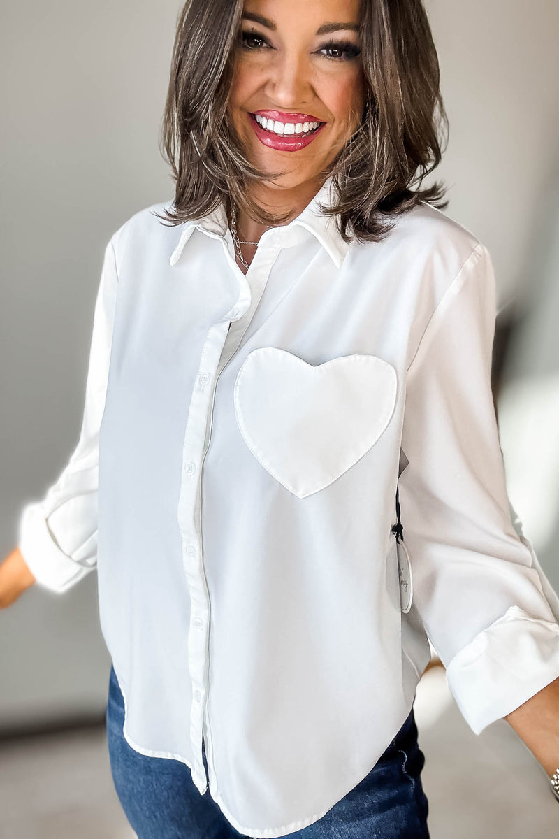 Long Sleeve White Button Down Top With Heart Shape Pocket