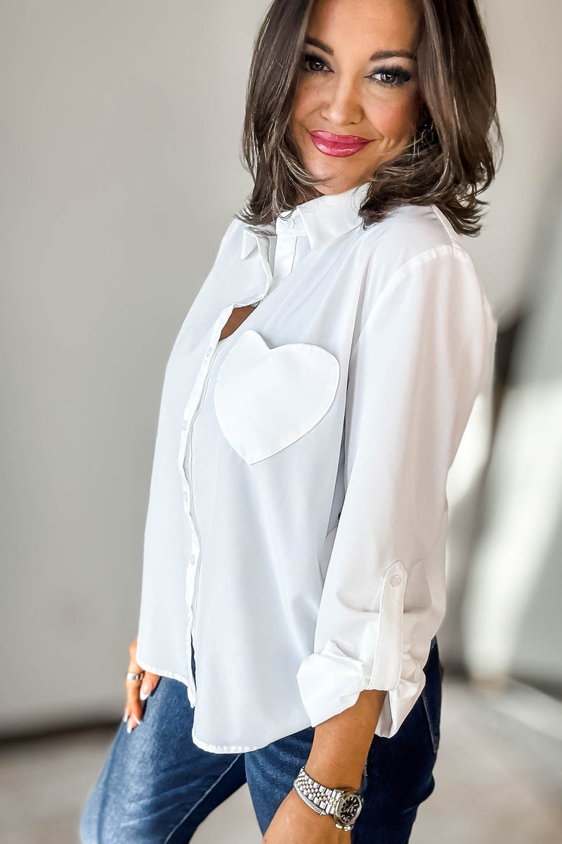 Long Sleeve White Button Down Top With Heart Shape Pocket