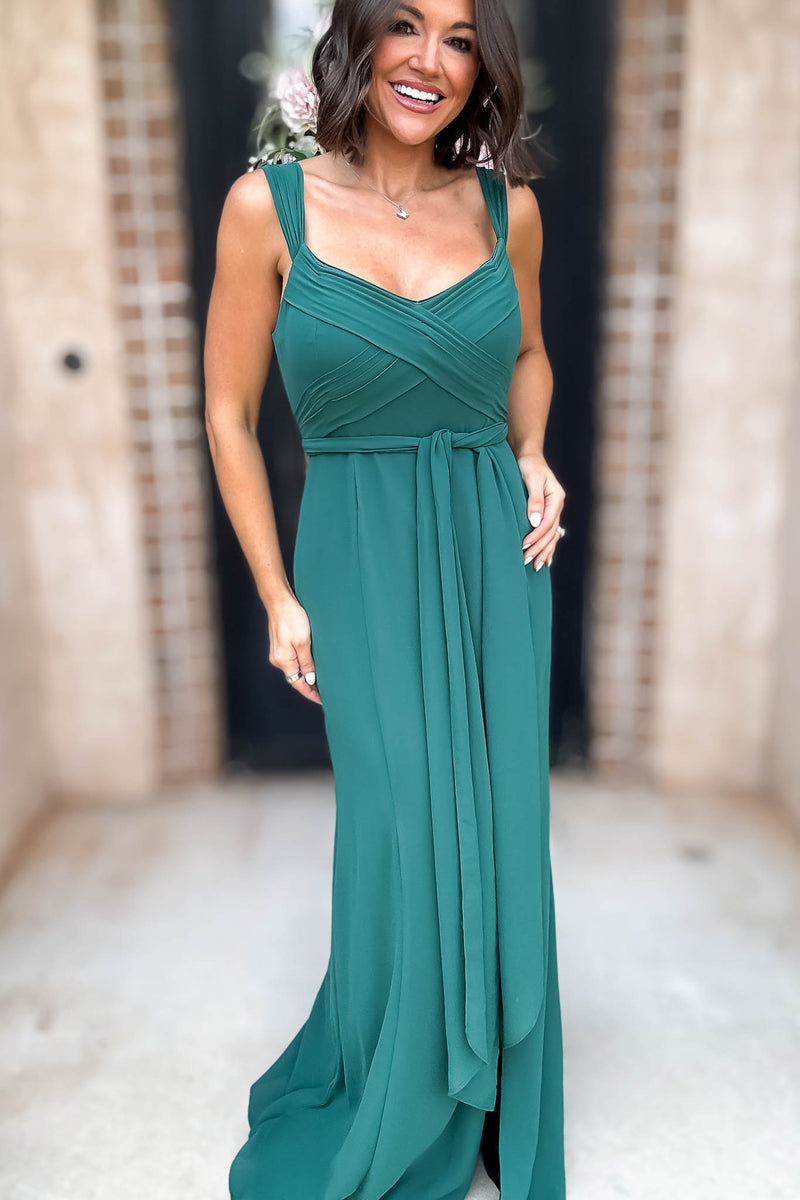 Sleeveless Detailed Hunter Green Front Slit Maxi Gown Dress