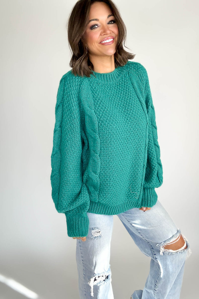 Teal Wool Blend Cable Knit Pullover