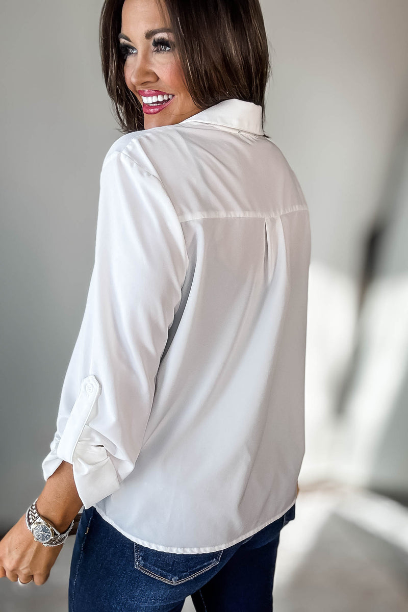 Long Sleeve White Button Down Top With Heart Shape Pocket