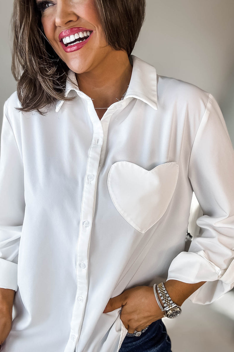 Long Sleeve White Button Down Top With Heart Shape Pocket