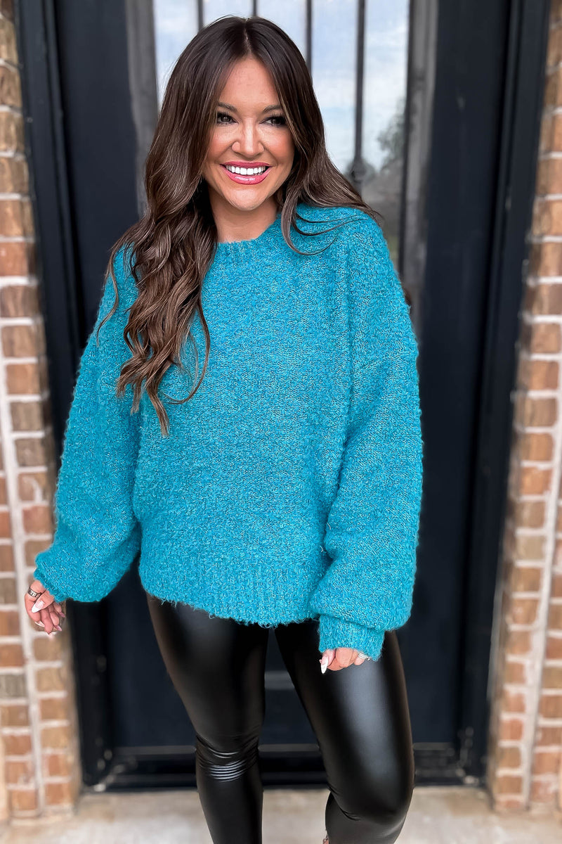 Family Tradition Teal Ballon Sleeve Sweater