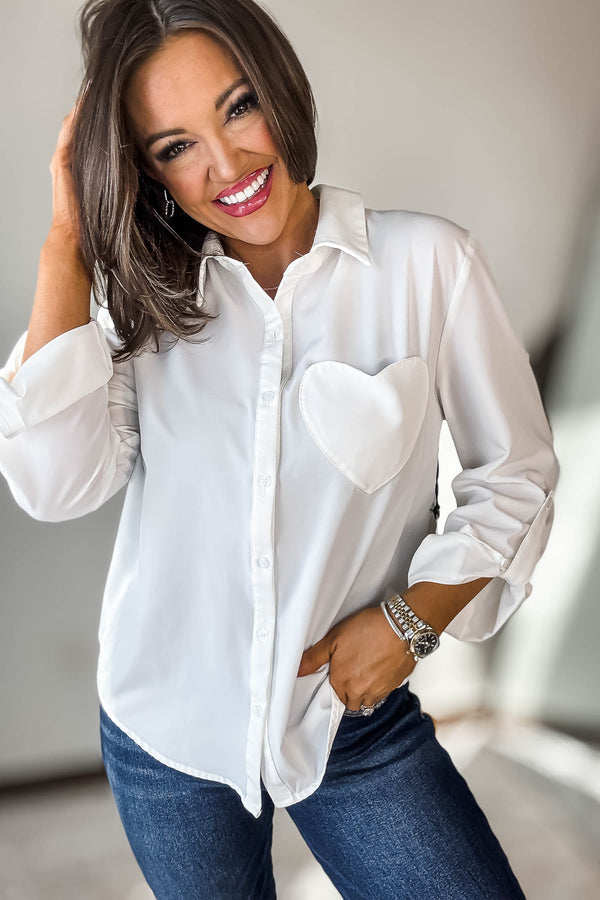 Long Sleeve White Button Down Top With Heart Shape Pocket