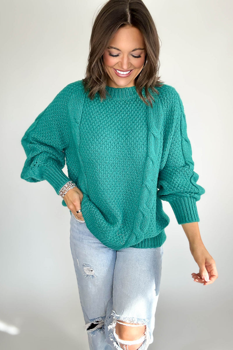 Teal Wool Blend Cable Knit Pullover