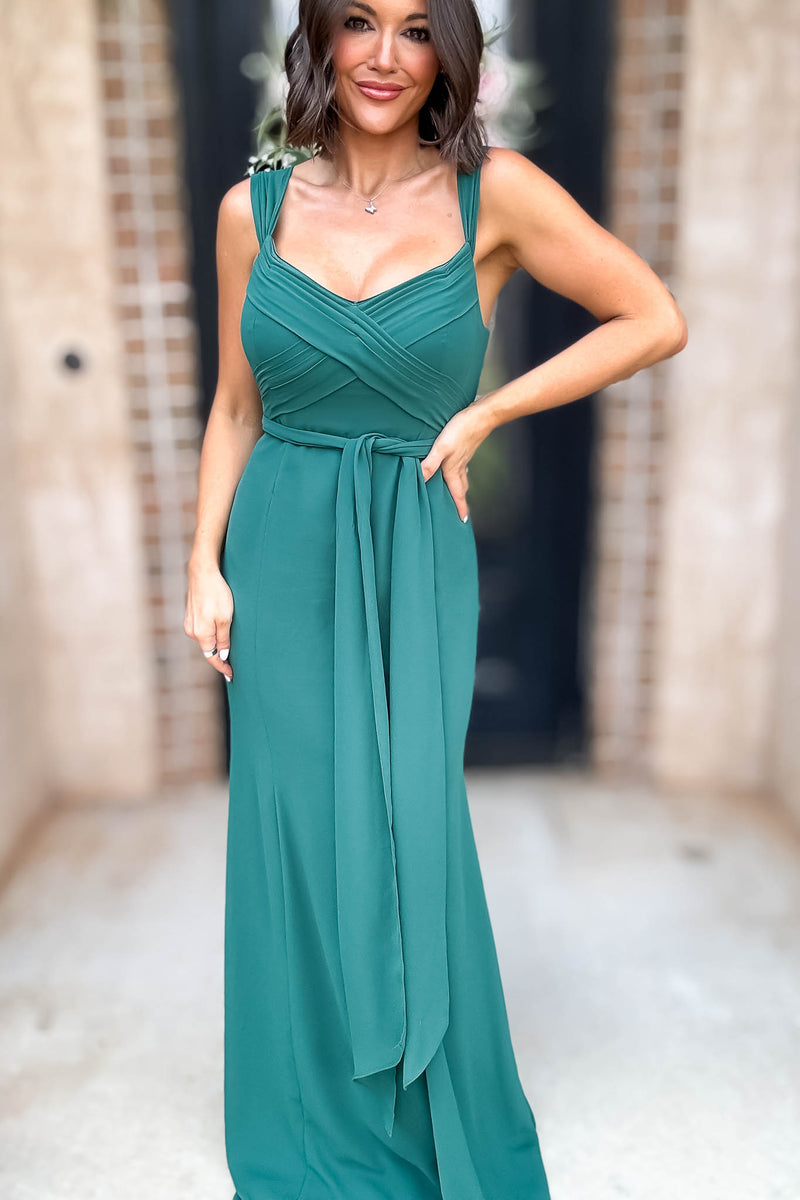 Sleeveless Detailed Hunter Green Front Slit Maxi Gown Dress