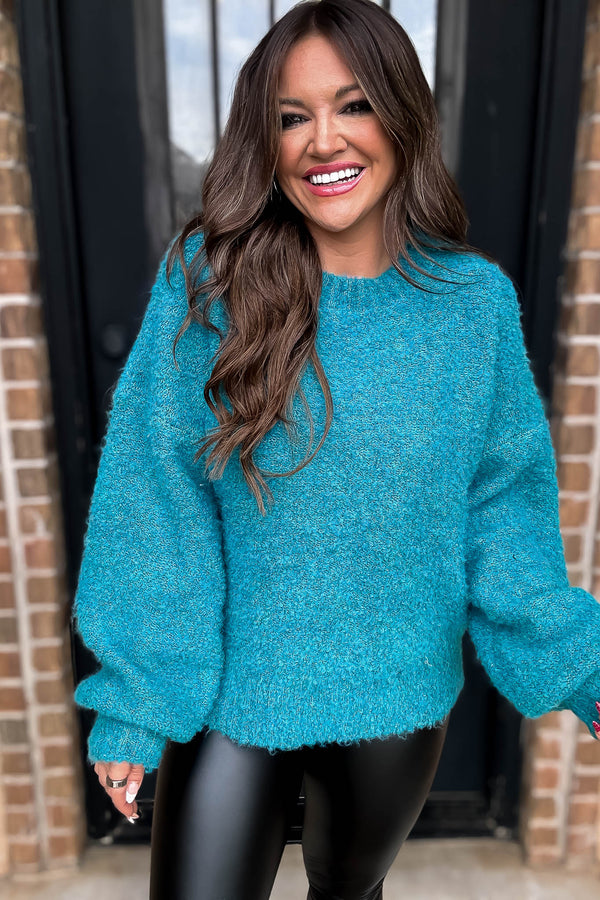 Family Tradition Teal Ballon Sleeve Sweater