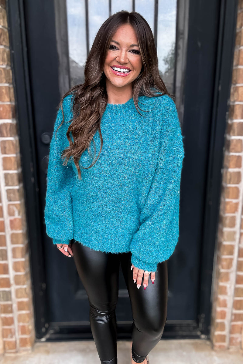 Family Tradition Teal Ballon Sleeve Sweater