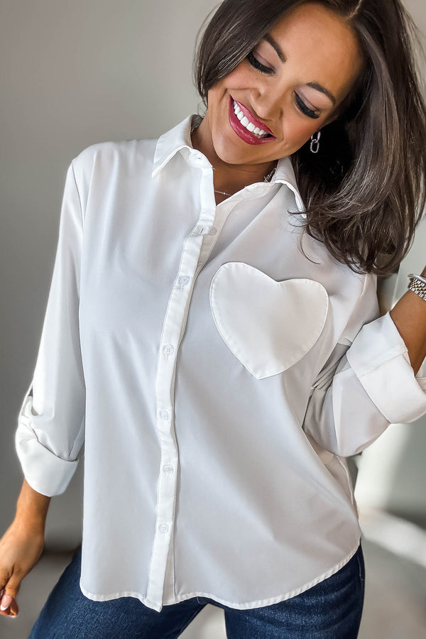 Long Sleeve White Button Down Top With Heart Shape Pocket