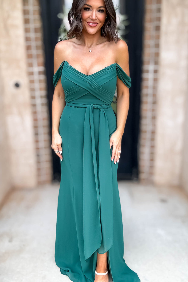 Sleeveless Detailed Hunter Green Front Slit Maxi Gown Dress