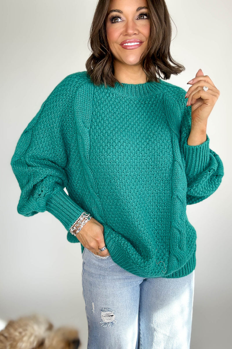 Teal Wool Blend Cable Knit Pullover