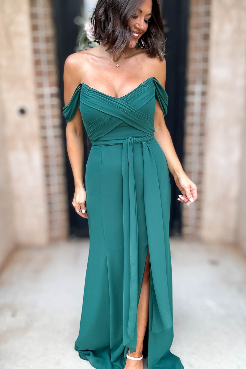 Sleeveless Detailed Hunter Green Front Slit Maxi Gown Dress