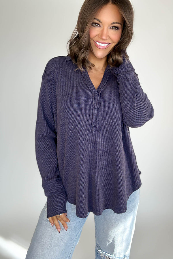 Long Sleeve Navy Thermal Polo Shirt