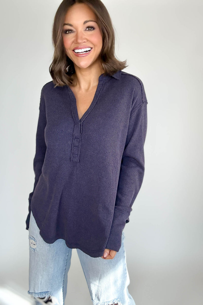 Long Sleeve Navy Thermal Polo Shirt