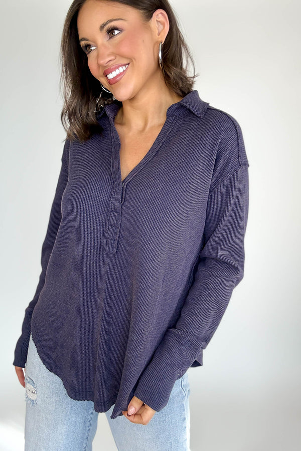 Long Sleeve Navy Thermal Polo Shirt