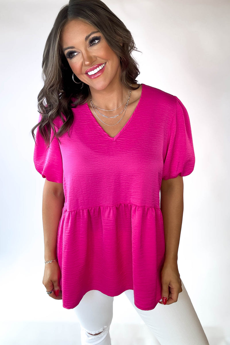 See You Soon Hot Pink Solid Short Sleeves Top