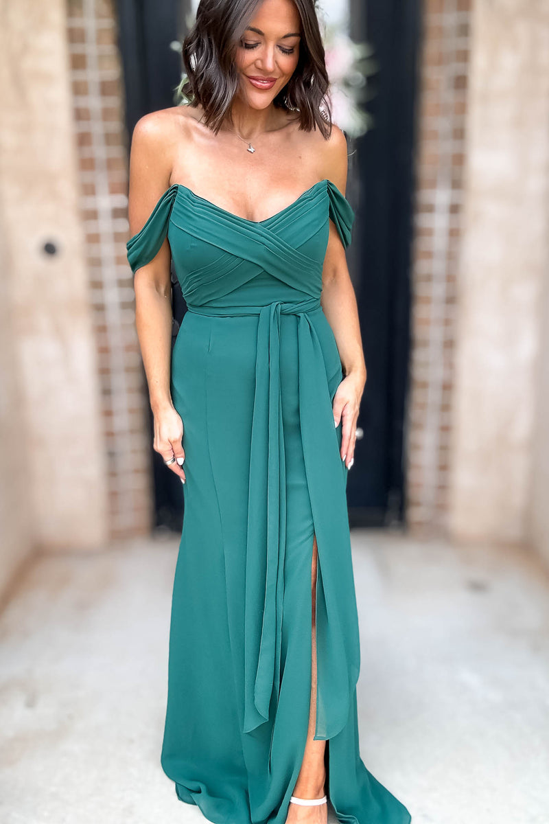 Sleeveless Detailed Hunter Green Front Slit Maxi Gown Dress