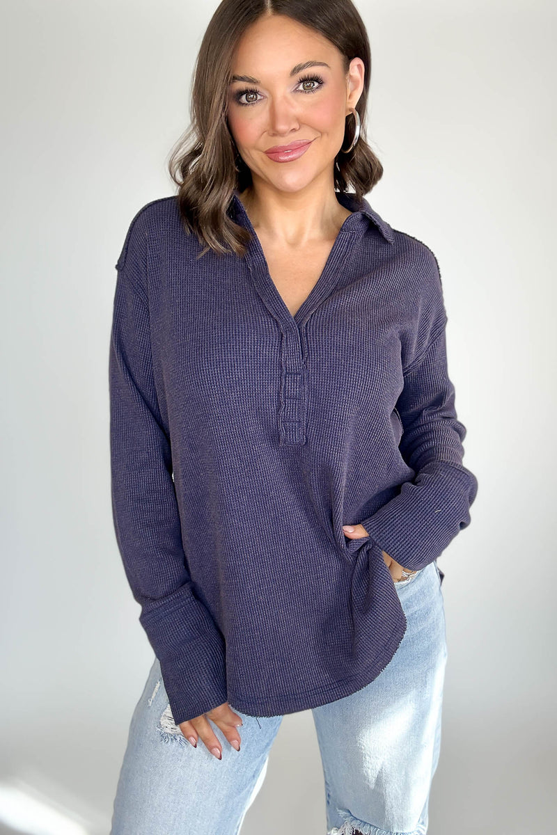 Long Sleeve Navy Thermal Polo Shirt