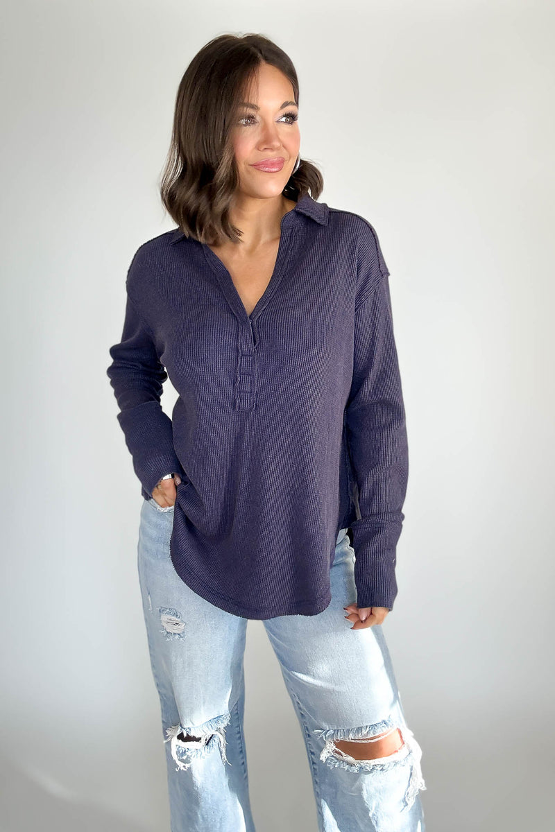 Long Sleeve Navy Thermal Polo Shirt