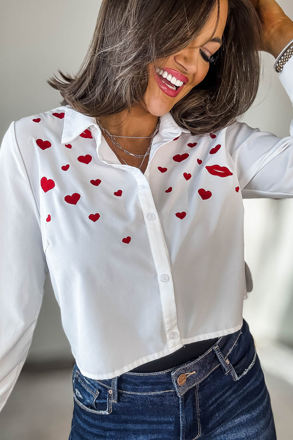 Long Sleeve Button Down Crop Top With Embroidery Detail