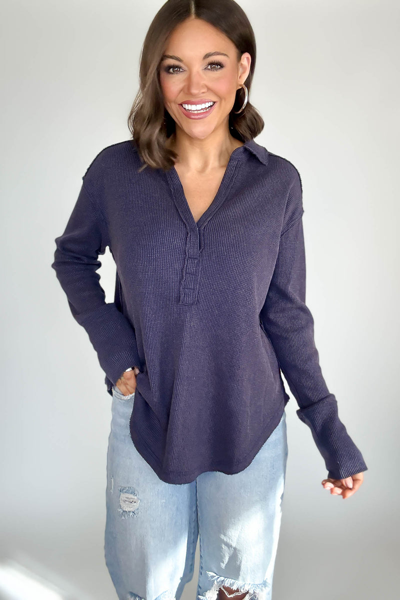 Long Sleeve Navy Thermal Polo Shirt