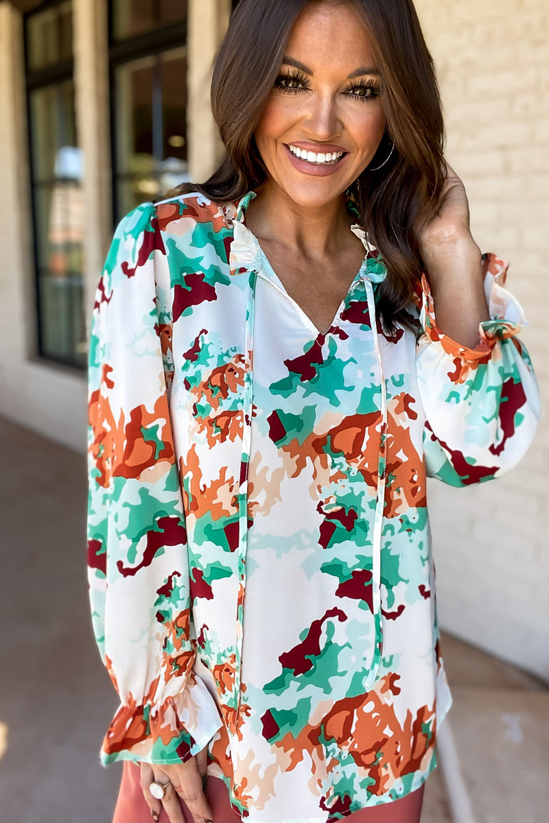 Amber Mix Colorful Print Long Poet Sleeves Top