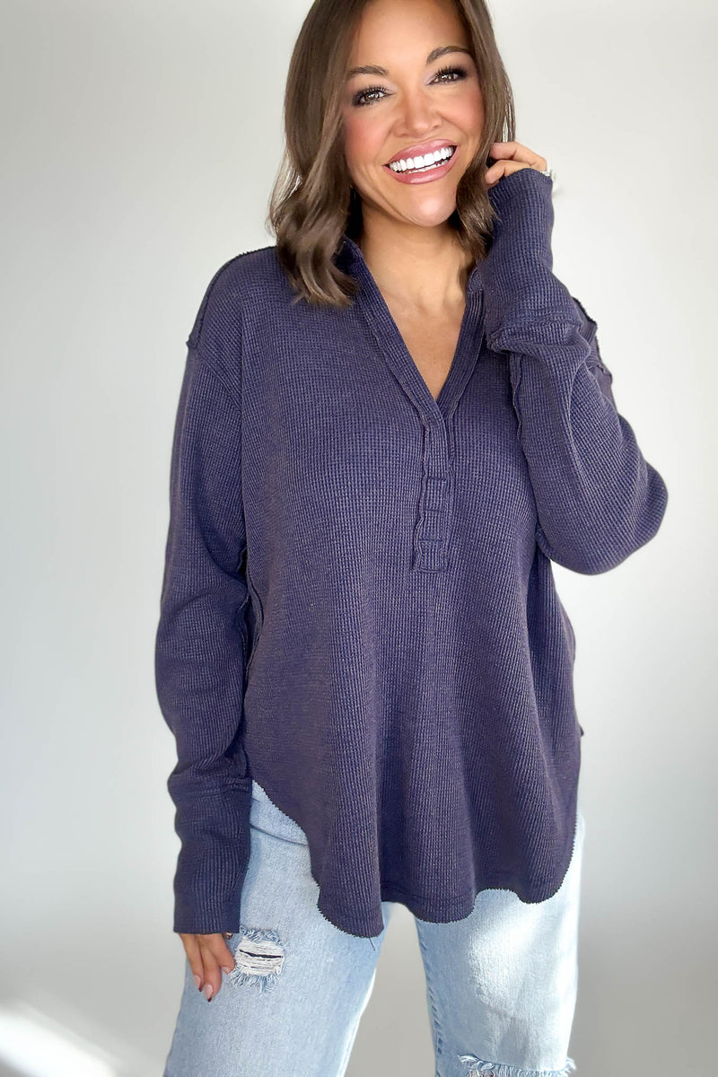 Long Sleeve Navy Thermal Polo Shirt