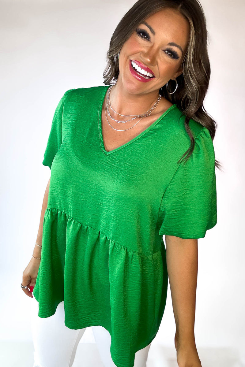 See You Soon Kelly Green Solid Short Sleeves Top