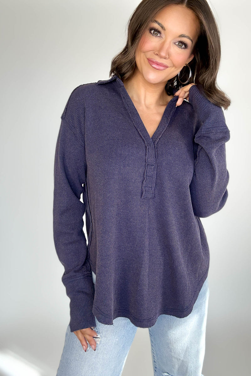 Long Sleeve Navy Thermal Polo Shirt