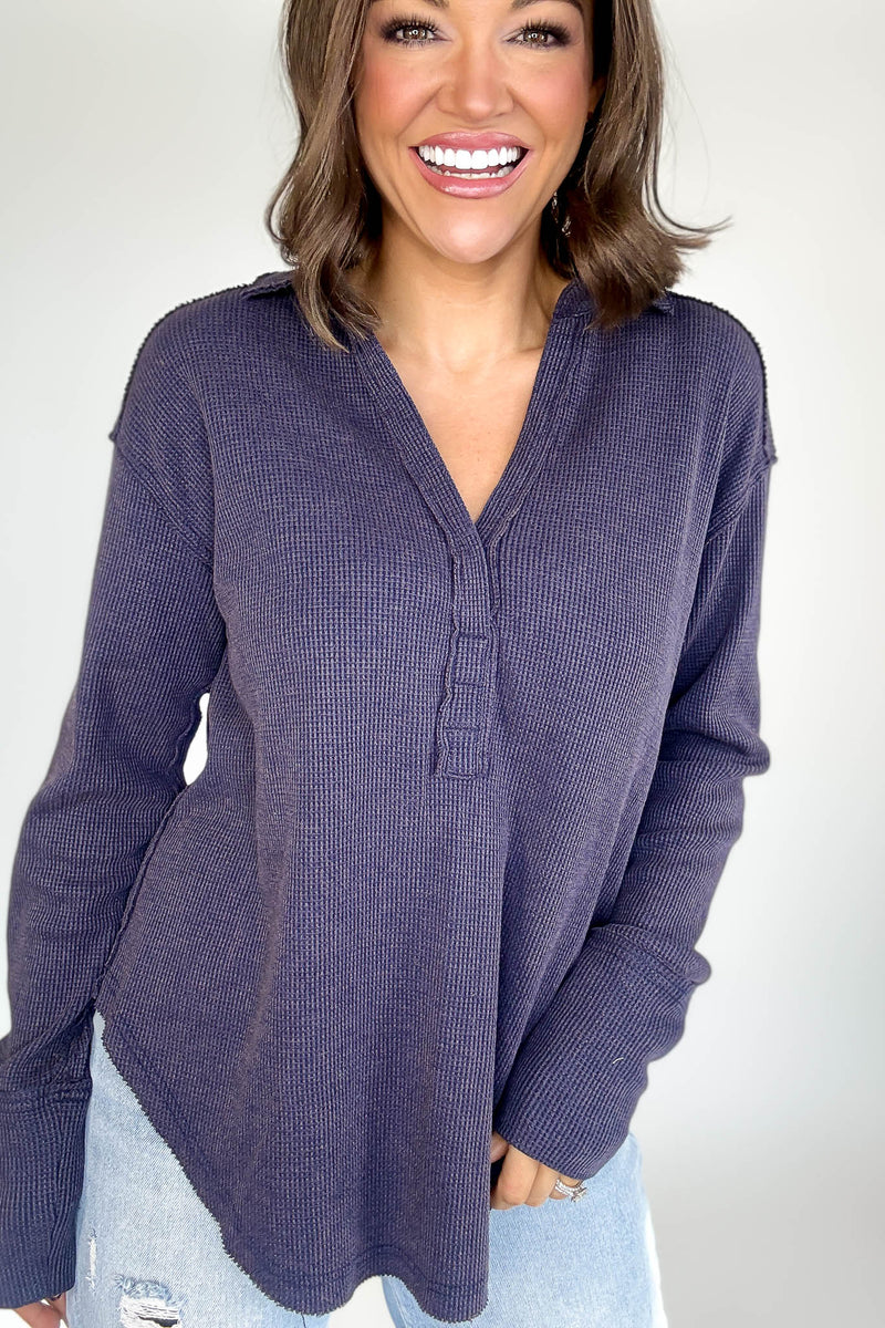 Long Sleeve Navy Thermal Polo Shirt