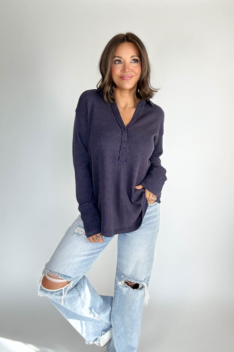 Long Sleeve Navy Thermal Polo Shirt