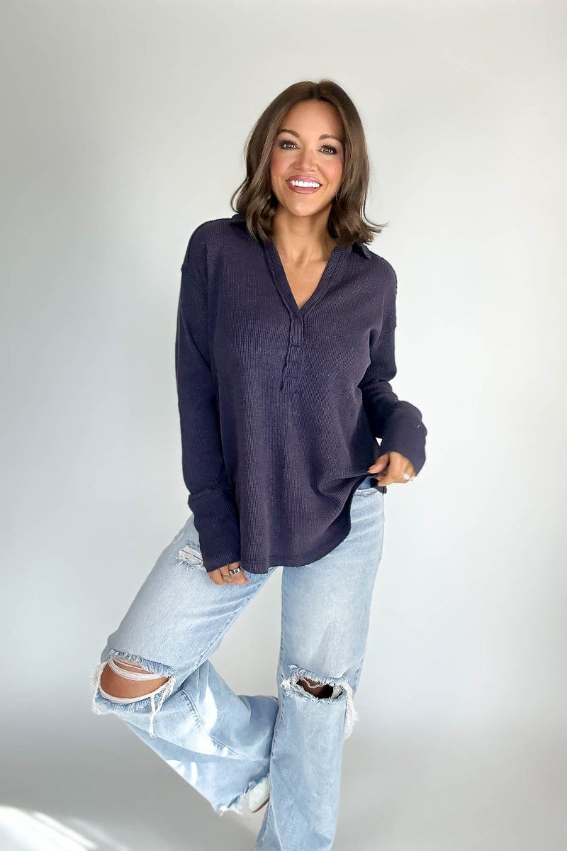 Long Sleeve Navy Thermal Polo Shirt