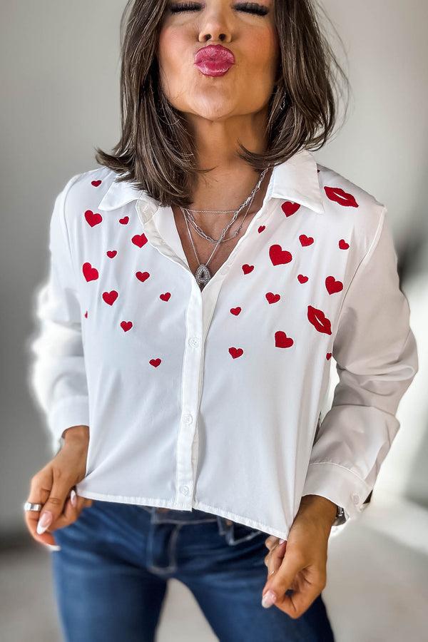 Long Sleeve Button Down Crop Top With Embroidery Detail