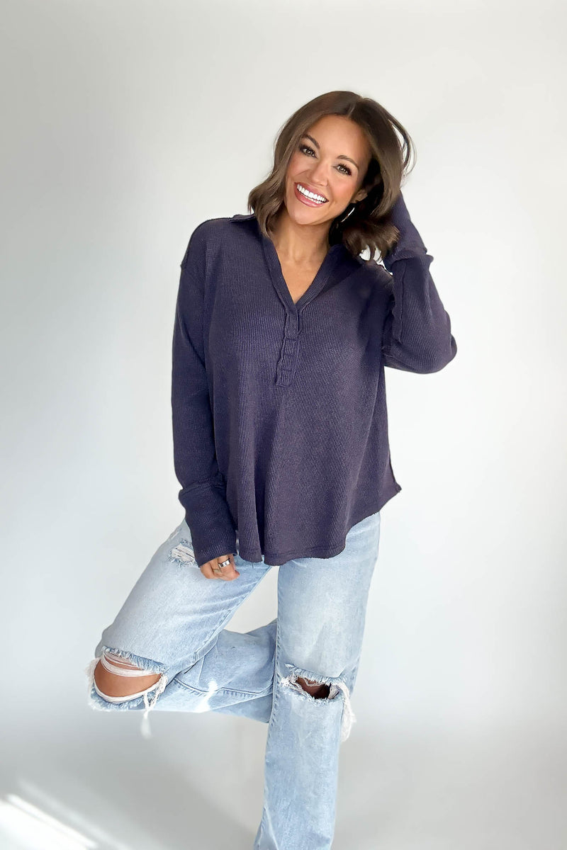 Long Sleeve Navy Thermal Polo Shirt