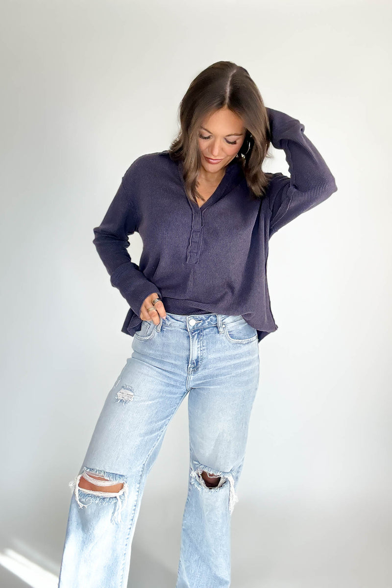 Long Sleeve Navy Thermal Polo Shirt