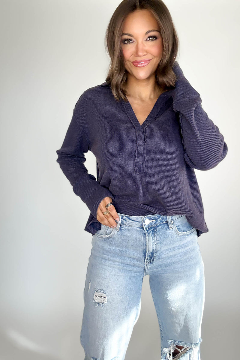 Long Sleeve Navy Thermal Polo Shirt