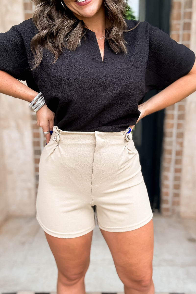 Shoshanna Khaki Knit Crepe Front Pleat Button Shorts