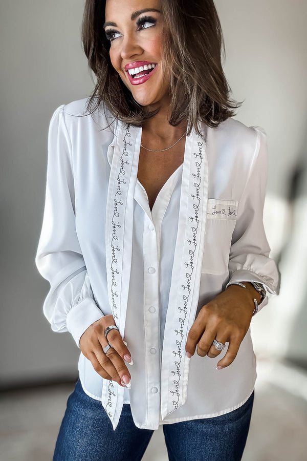 Long Sleeve Lettering Bow Tie Detail Top