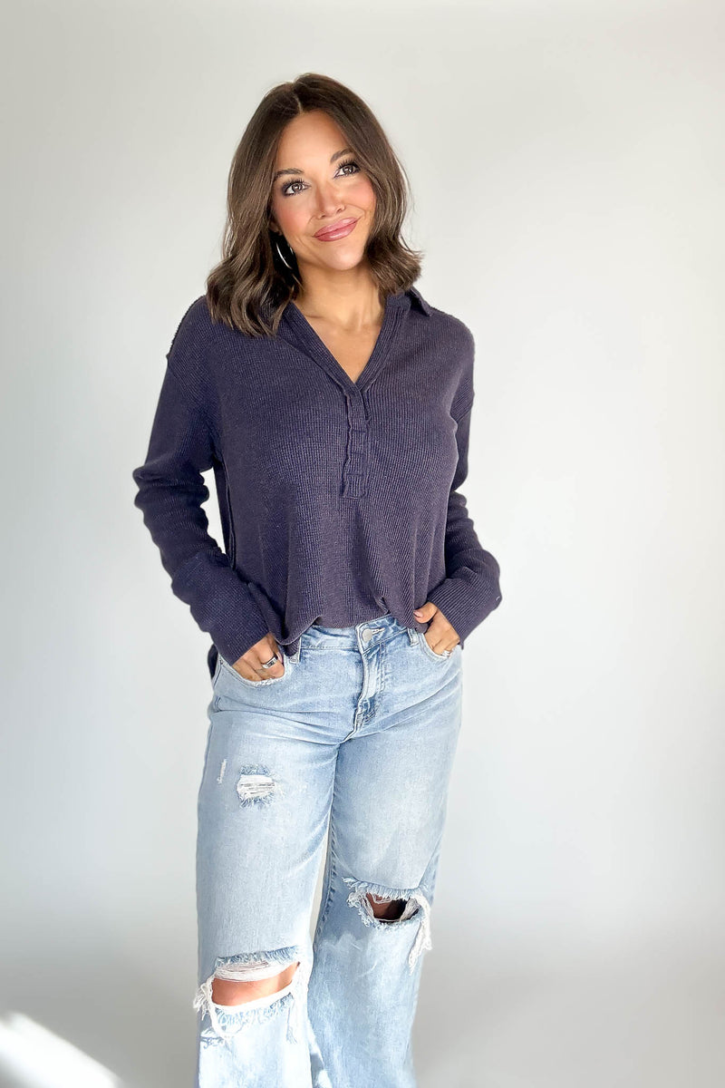 Long Sleeve Navy Thermal Polo Shirt