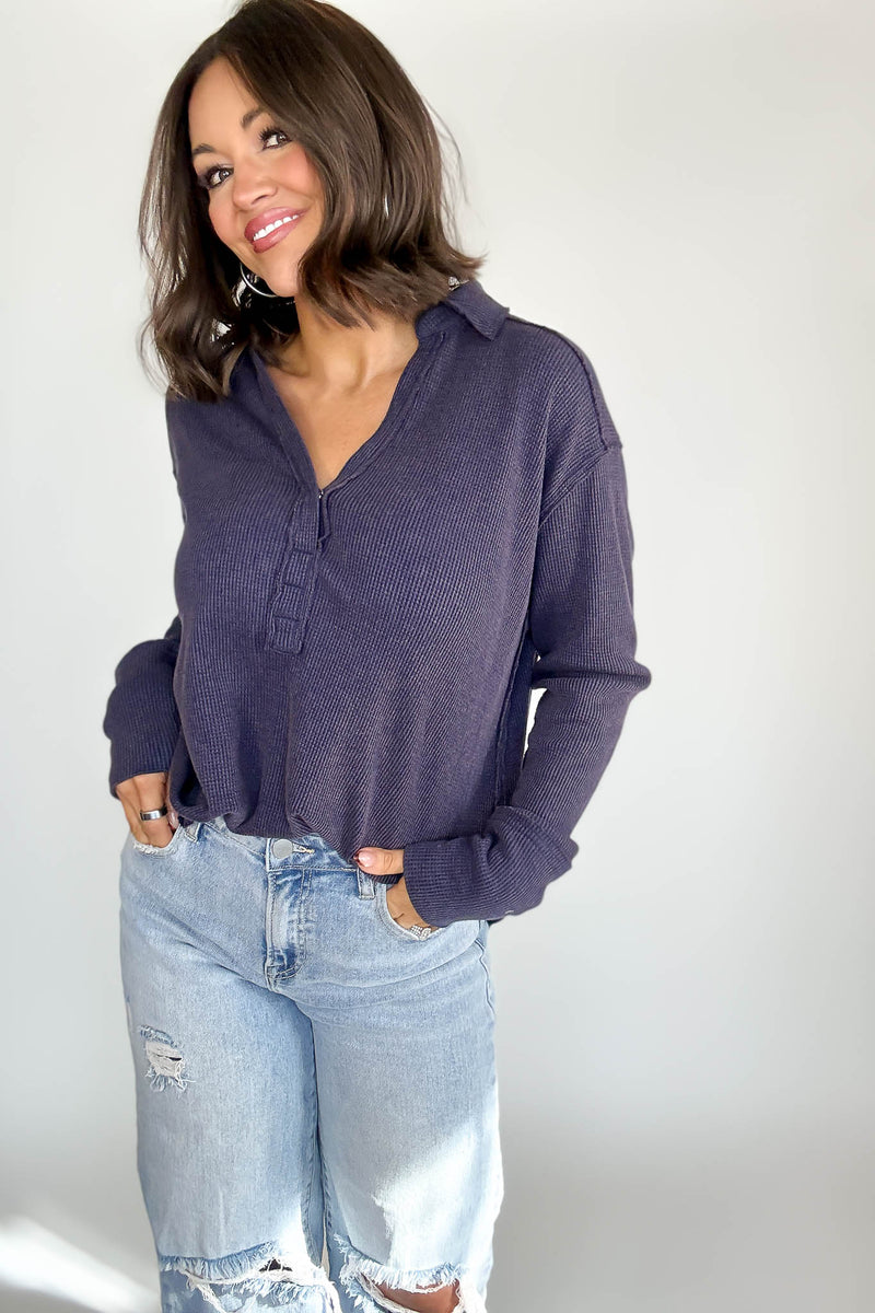 Long Sleeve Navy Thermal Polo Shirt