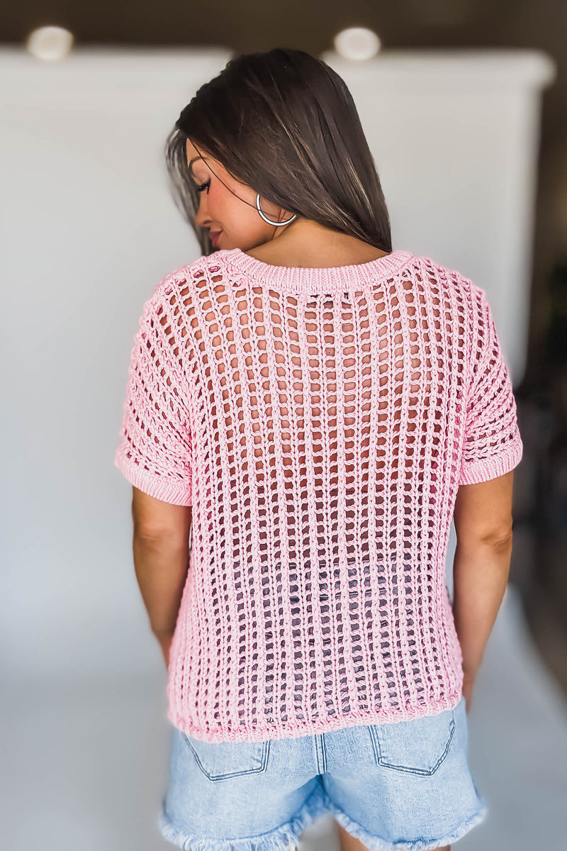 Fun In The Sun Pink Open Crochet Sweater