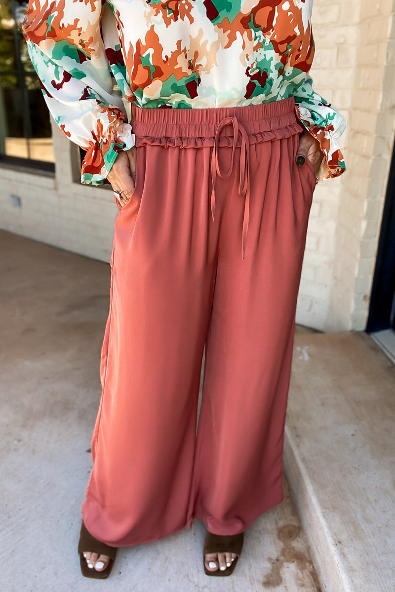 Rust Solid Drawstring Loose Pants