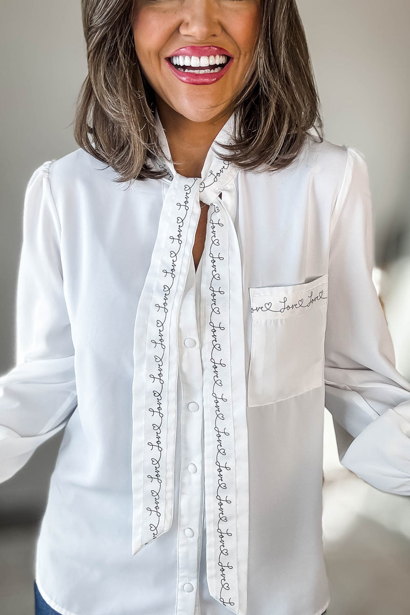 Long Sleeve Lettering Bow Tie Detail Top