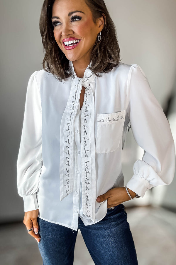 Long Sleeve Lettering Bow Tie Detail Top