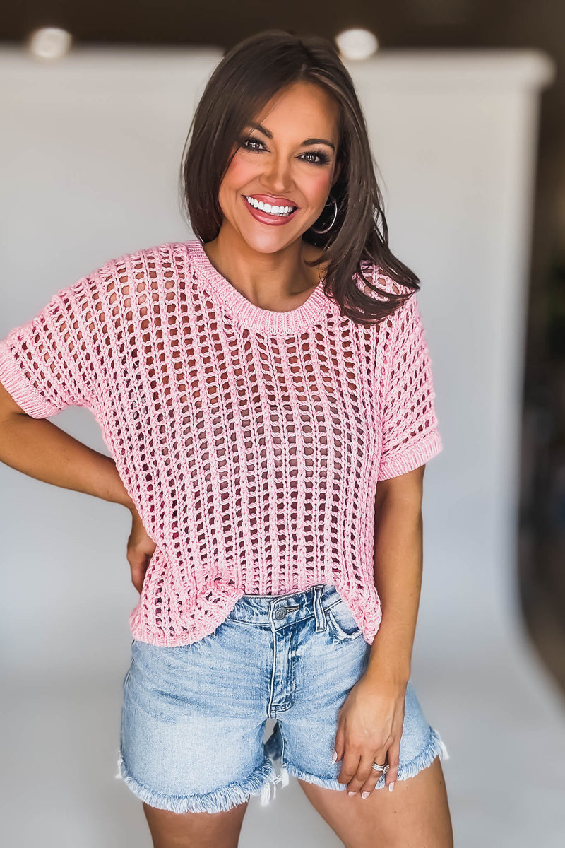 Fun In The Sun Pink Open Crochet Sweater