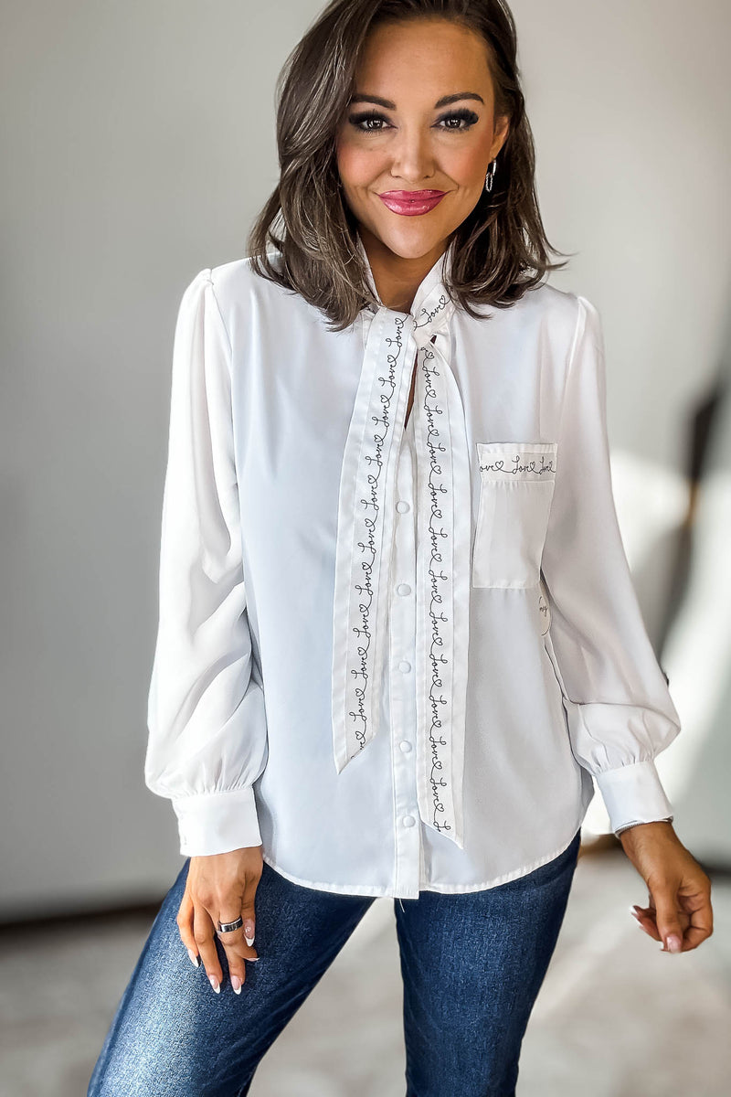 Long Sleeve Lettering Bow Tie Detail Top