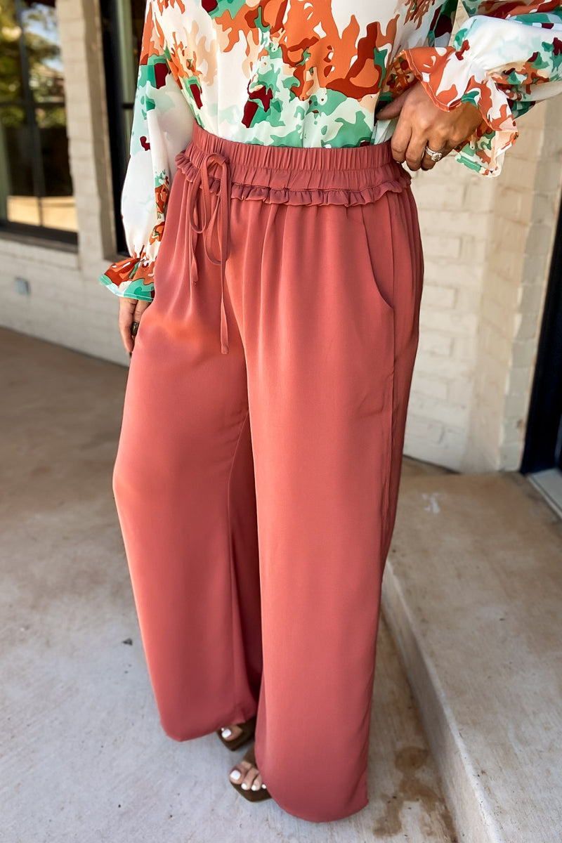 Rust Solid Drawstring Loose Pants