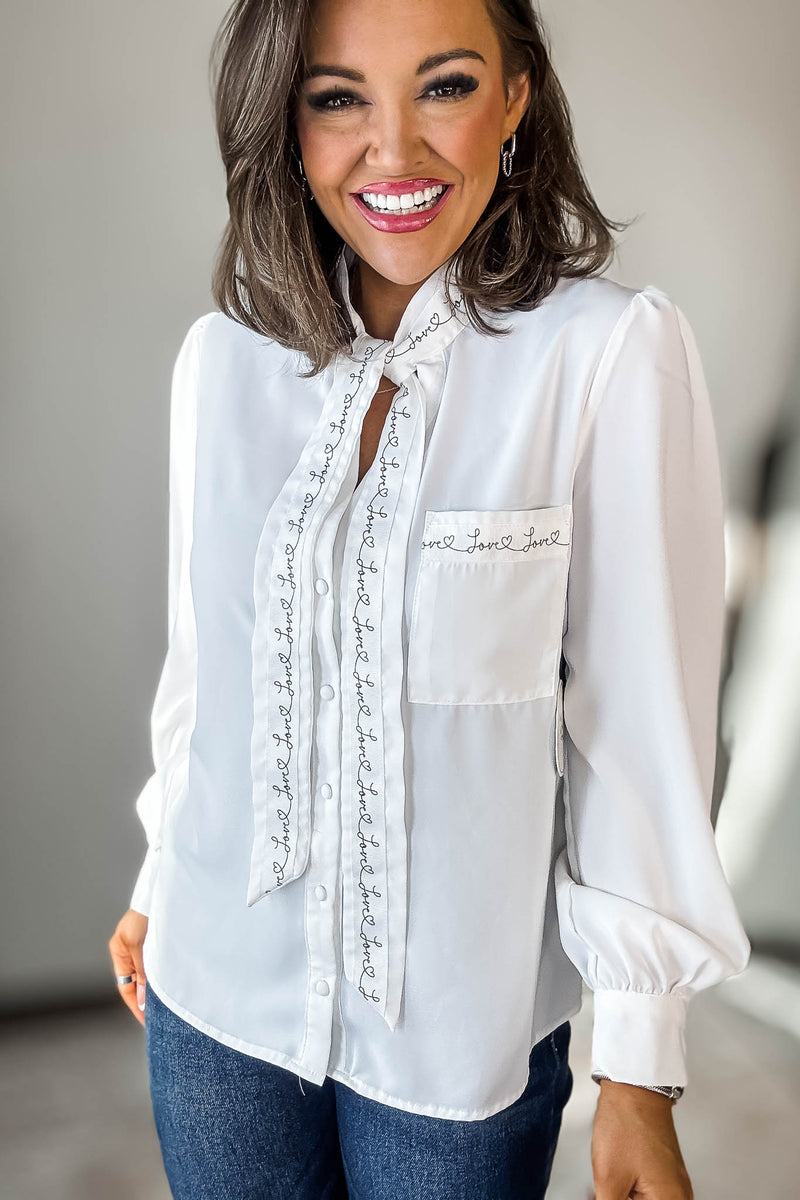 Long Sleeve Lettering Bow Tie Detail Top